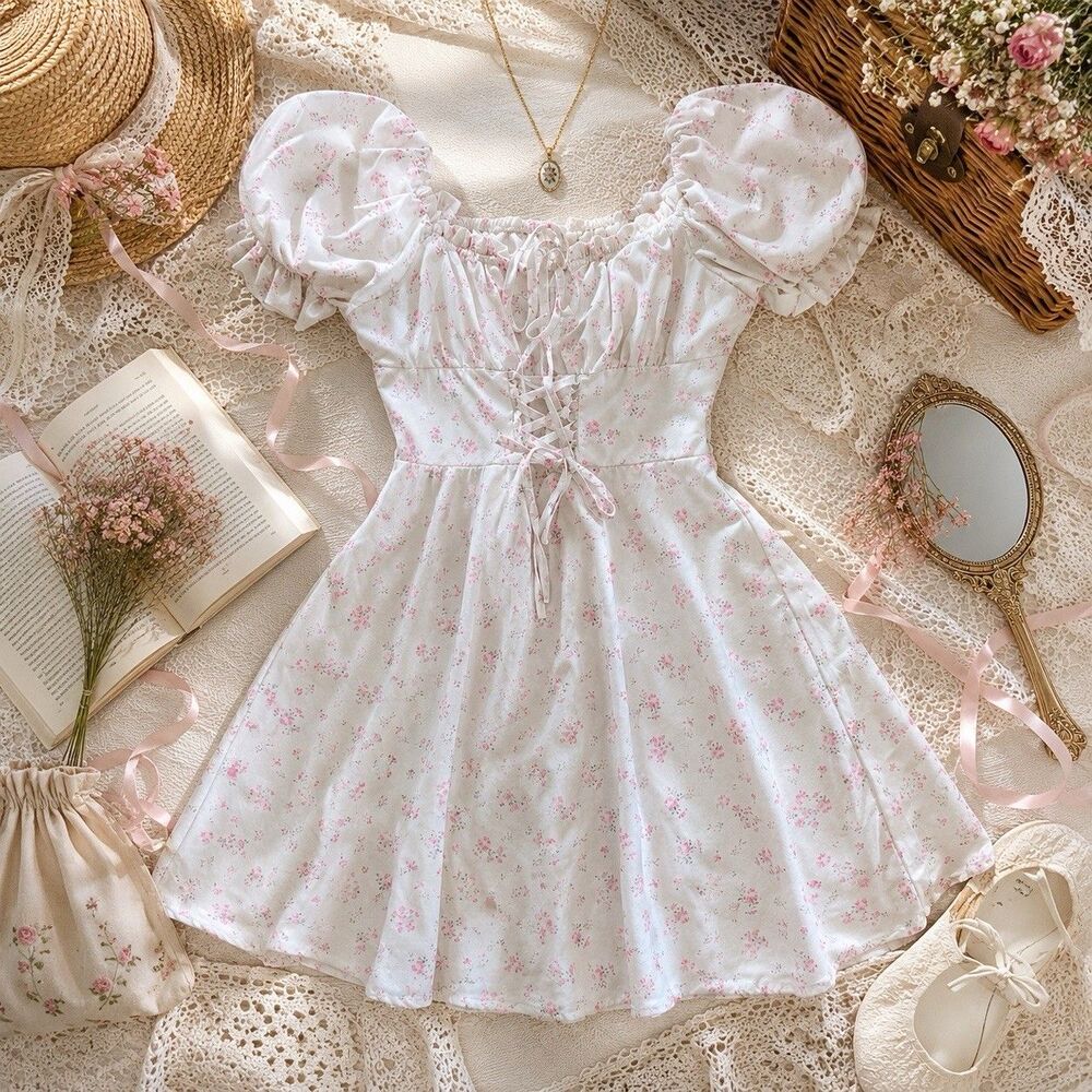 White floral milkmaid dress XS cottagecore corset lace up puff sleeve peasant